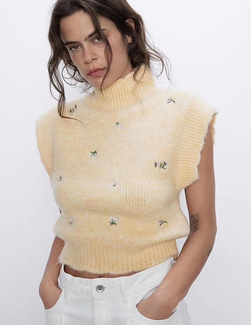 Yellow Floral Embroidered Half Turtleneck Knitted Vest