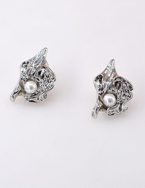 Fashion Silver Metal Inlaid Pearl Fold Flower Stud Earrings