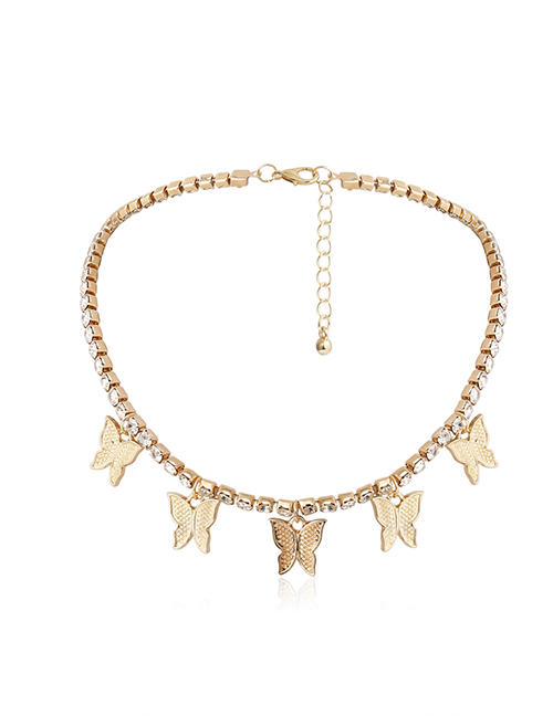 Fashion Golden Geometric Single Layer Three-dimensional Zircon Small Butterfly Tassel Necklace