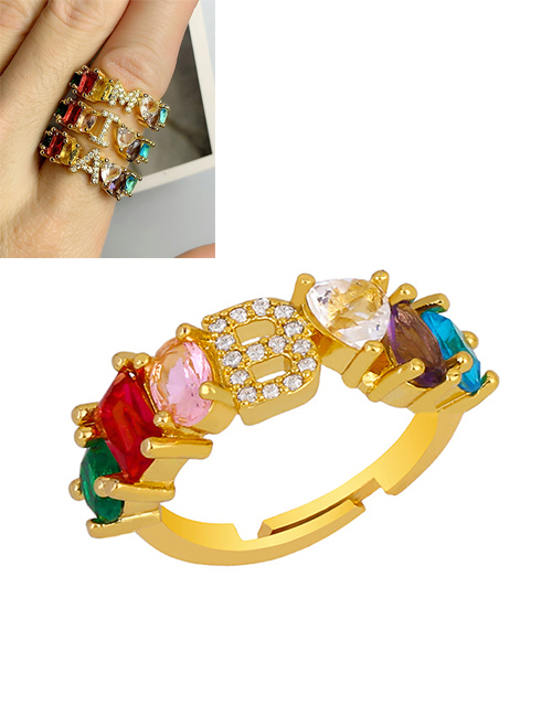 Fashion B Gold Heart-shaped Adjustable Ring With Colorful Diamond Letters