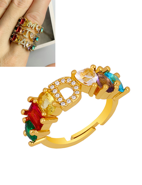 Fashion D Gold Heart-shaped Adjustable Ring With Colorful Diamond Letters