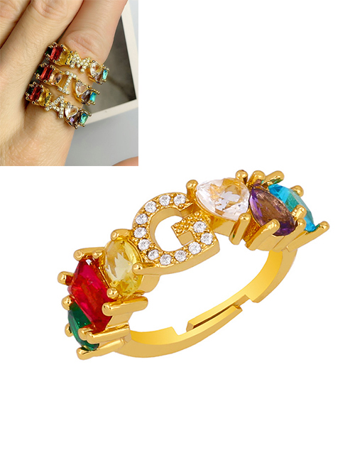 Fashion G Gold Heart-shaped Adjustable Ring With Colorful Diamond Letters