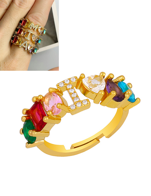 Fashion I Gold Heart-shaped Adjustable Ring With Colorful Diamond Letters