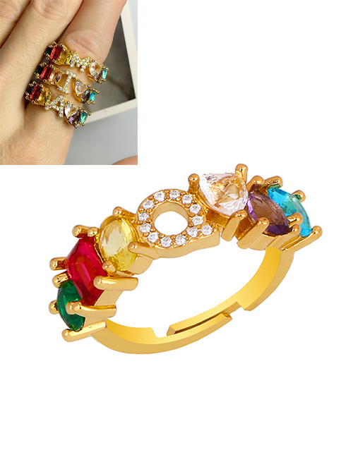 Fashion Q Gold Heart-shaped Adjustable Ring With Colorful Diamond Letters
