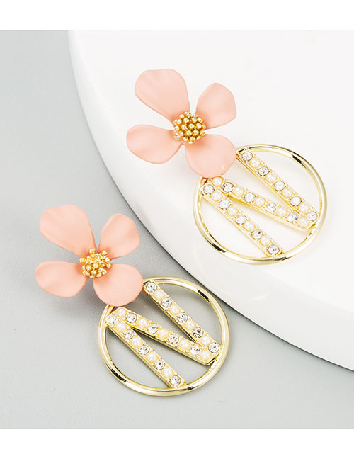 Fashion Pink  Silver Needle Alloy Pearl Diamond Flower Earring