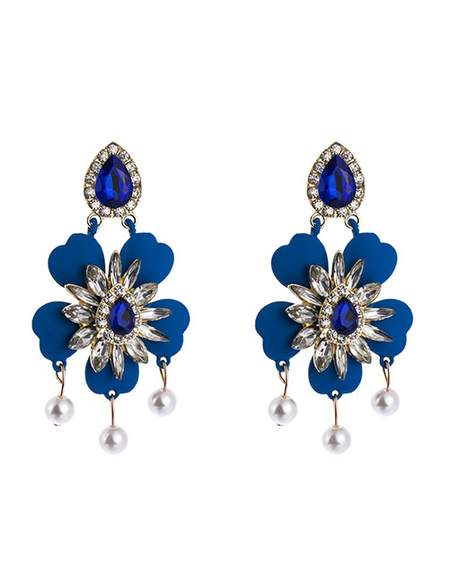 Fashion Blue Alloy Diamond Pearl Ice Flower Earrings