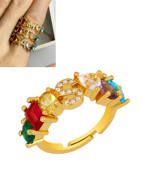 Fashion S Gold Heart-shaped Adjustable Ring With Colorful Diamond Letters