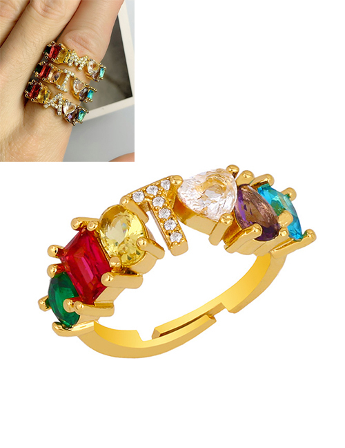 Fashion T Gold Heart-shaped Adjustable Ring With Colorful Diamond Letters