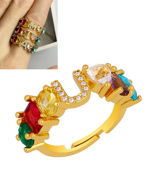 Fashion U Gold Heart-shaped Adjustable Ring With Colorful Diamond Letters
