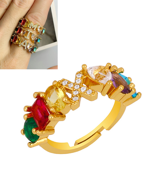 Fashion X Gold Heart-shaped Adjustable Ring With Colorful Diamond Letters