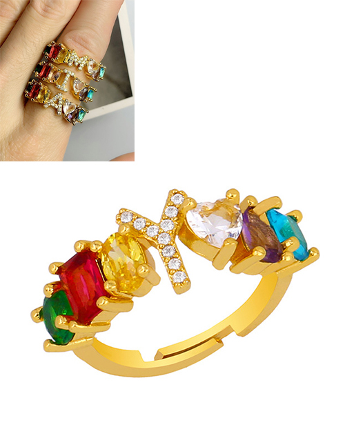 Fashion Y Gold Heart-shaped Adjustable Ring With Colorful Diamond Letters