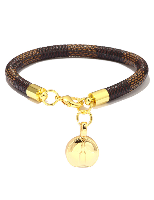 Fashion Brown Pu Striped Leather Brass Button Plated Solid Gold Bracelet