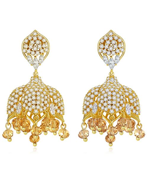 Fashion 18k Gold Copper Inlaid Zircon Tassel Pearl Pendant Bell Earrings