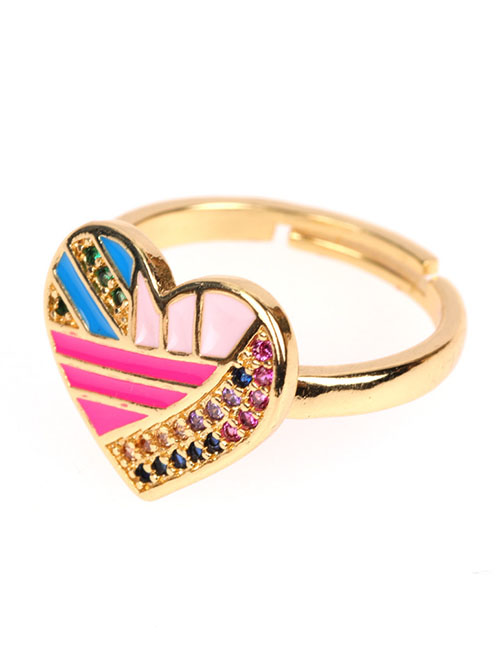 Fashion Pink Copper Plated Micro Coated Diamond Dripping Oil Love Peach Heart Opening Ring