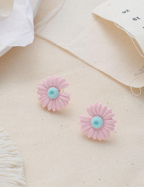 Fashion Large Pink  Silver Needle Daisy Earrings