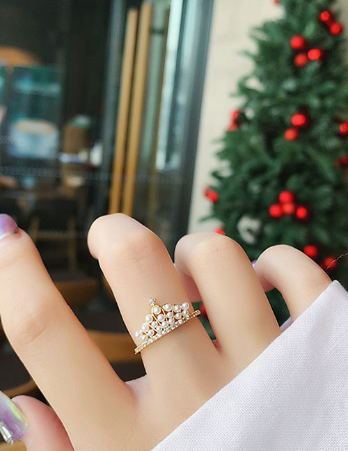 Fashion Crown Pearl Gold Pearl Diamond Geometric Ring