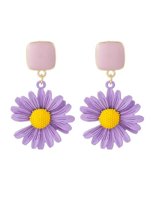 Fashion Oil Drop Daisy Purple  Silver Needle Flower Earrings