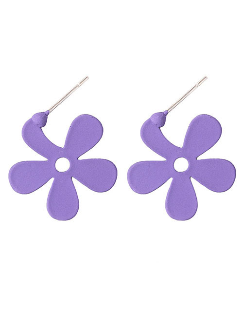 Fashion Button Five Petals Purple  Silver Needle Flower Earrings