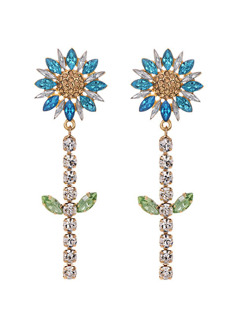 Fashion Blue Alloy Diamond Flower Ear Studs