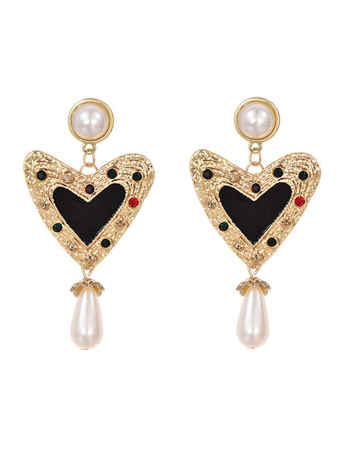 Fashion Black Alloy Diamond Pearls: Dripping Oil: Love Earrings