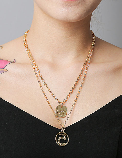 Fashion Golden Geometric Alphanumeric Hollowed Alloy Multilayer Necklace