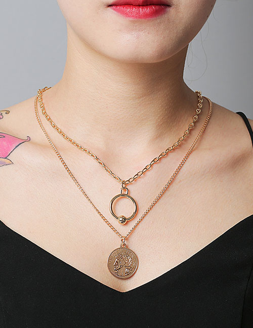 Fashion Golden Coin Shaped Geometric Circular Alloy Multilayer Necklace