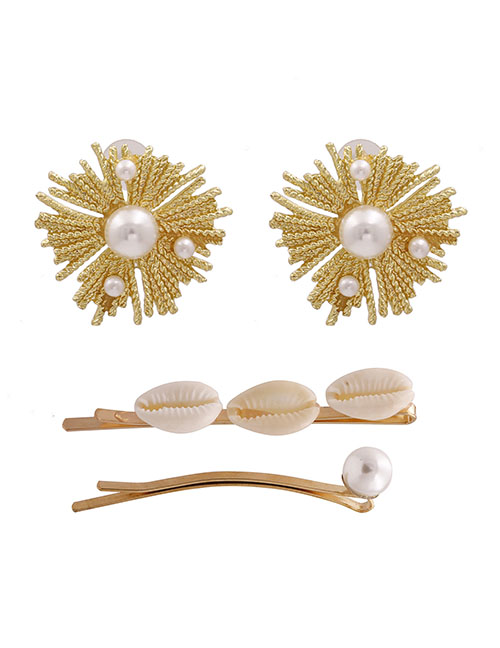 Fashion Golden Shell Alloy With Pearl Earrings Hairpin Combination Suit