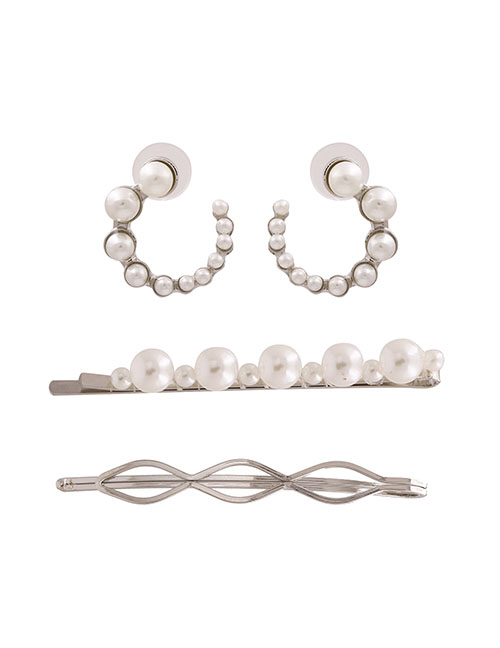 Fashion Silvery Pearl Geometric Alloy Earring Hairpin Set