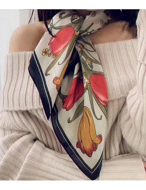 Fashion Beige Flower Printed Silk Scarves Small Scarves Versatile Uses
