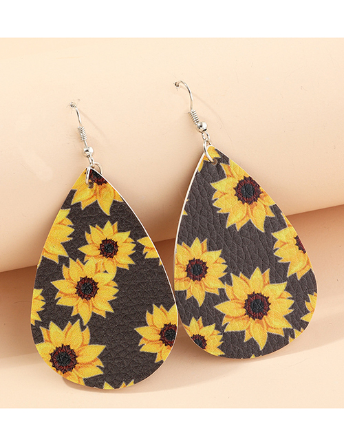 Fashion Sunflower Black Litchi Print Water Drop Pu Leather Sunflower Flower Butterfly Earrings
