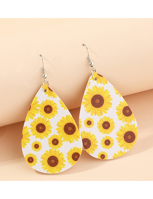Fashion White Sunflower Litchi Print Water Drop Pu Leather Sunflower Flower Butterfly Earrings