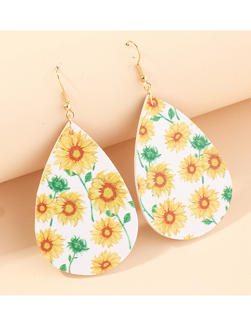 Fashion Yellow Flowers Litchi Print Water Drop Pu Leather Sunflower Flower Butterfly Earrings