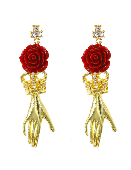 Fashion Golden Rose And Hand Shaped Diamond Crown Earrings