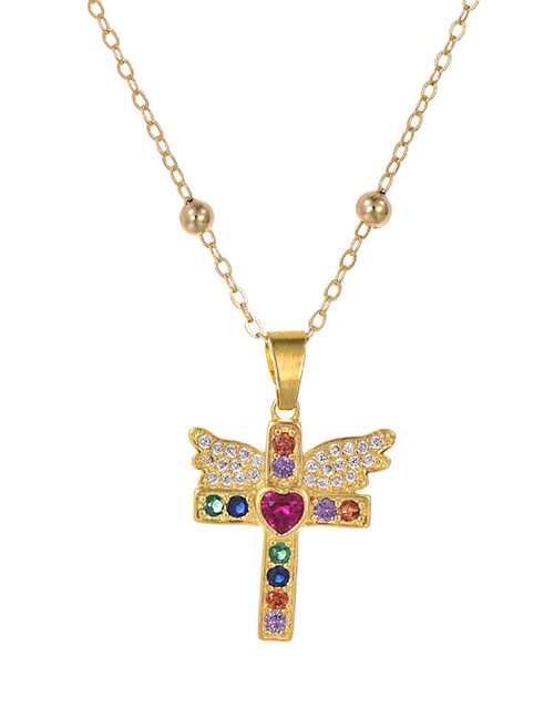 Fashion Golden Copper Inlaid Zircon Wing Cross Bead Necklace
