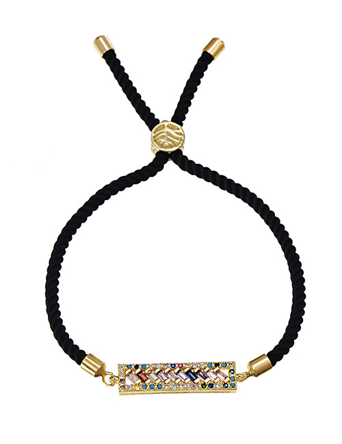 Fashion Rectangle Copper Inlaid Zircon Black Cord Adjustable Bracelet