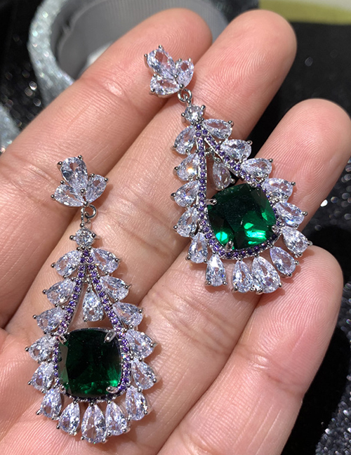 Fashion Green Drop-shaped Emerald Micro-set Zircon Hollow Earrings
