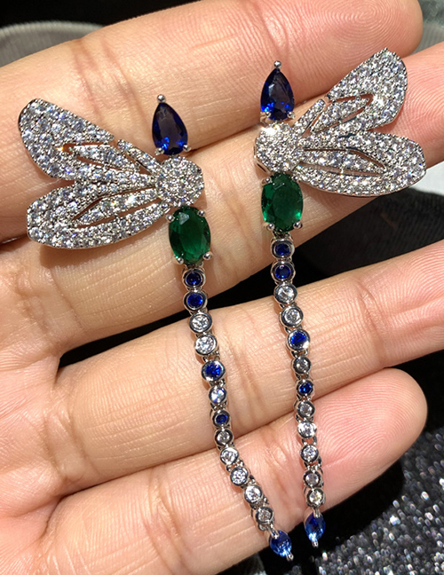 Fashion Blue Dragonfly Micro Zircon Tassel Alloy Earrings