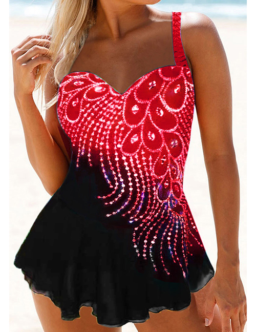 Fashion Red Feather Print Conservative Plus Size Split Skirt Swimsuit