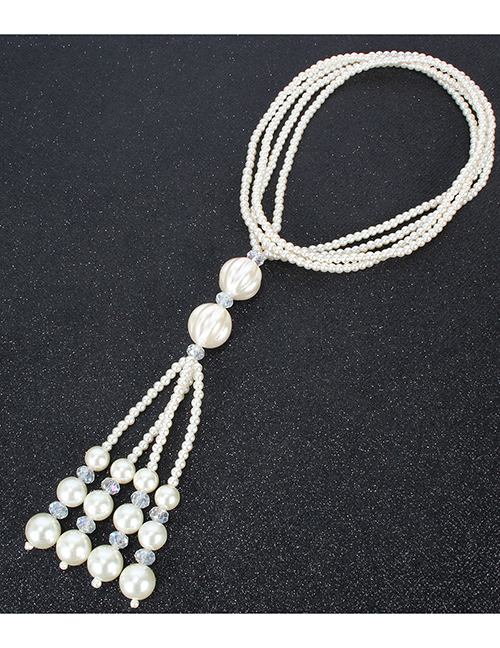 Fashion Rice White Crystal Pearl Multilayer Geometric Necklace