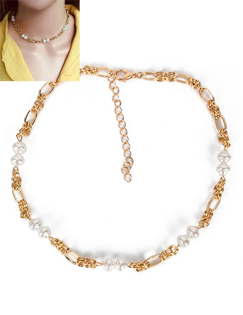 Fashion Golden Imitation Pearl Key Lock Alloy Stitching Necklace