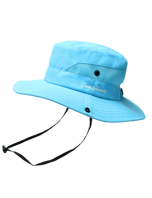 Fashion Solid Color Children-blue Horsetail Hole Embroidery Shrink Buckle Children Fisherman Hat