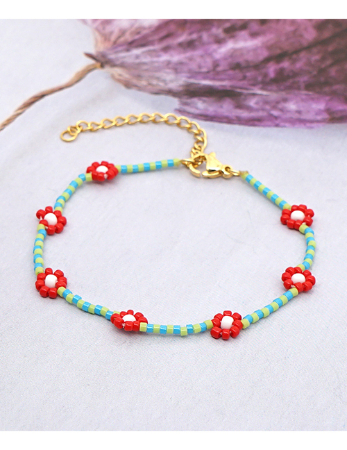 Fashion Red + Blue Imported Rice Beads Hand-woven Flower Bracelet