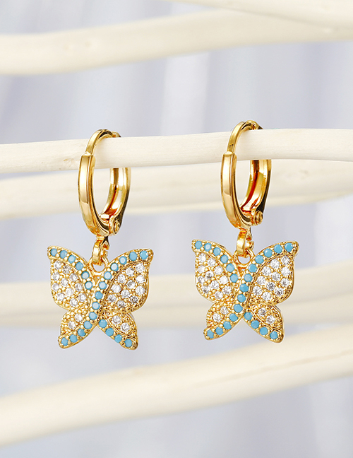 Fashion Golden Diamond-set Green Protein Zircon Butterfly Alloy Earrings