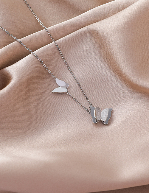 Fashion Silver Titanium Steel Double Butterfly Necklace