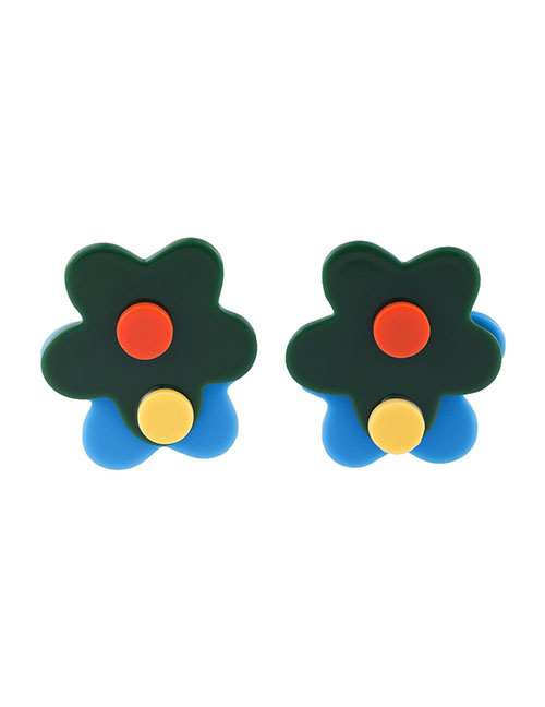 Fashion Blue Studded Acrylic Two Flowers Contrast Color Earrings