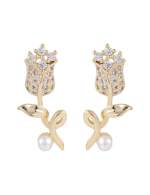 Fashion Golden Micro-set Zircon Rose Pearl Earrings