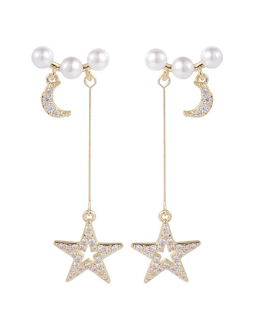 Fashion Golden Micro-set Zircon Star Moon Pearl Earrings