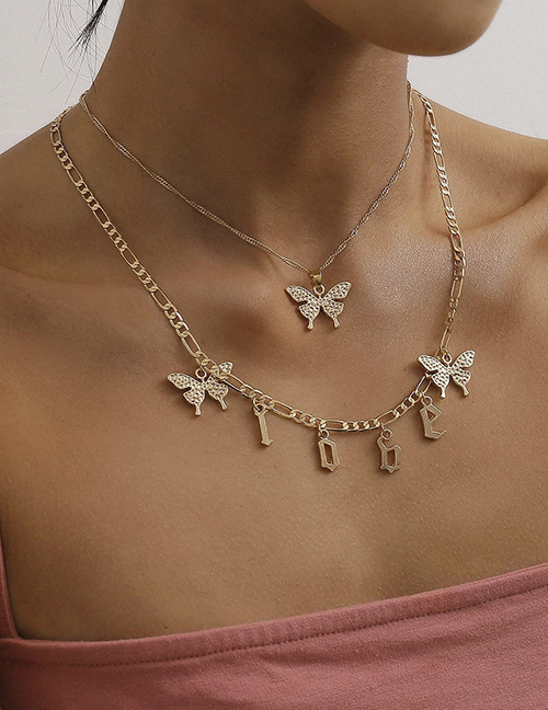 Fashion Golden Alphabet Butterfly Tassel Alloy Multi-layer Necklace