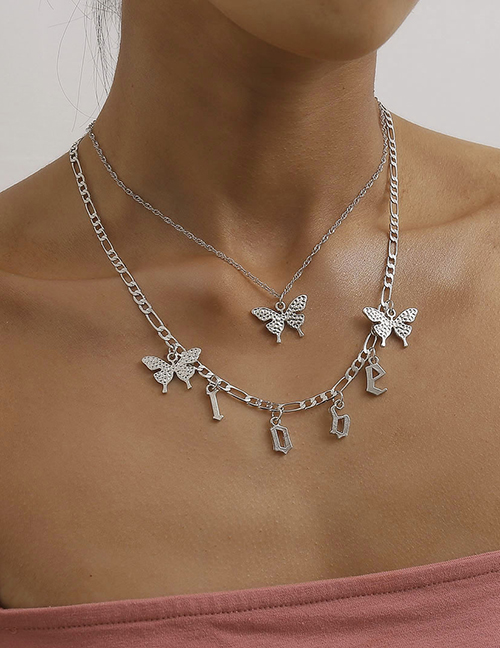 Fashion White K Alphabet Butterfly Tassel Alloy Multi-layer Necklace
