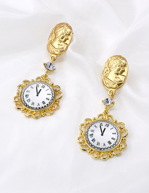 Fashion Golden Watch Portrait Diamond Cutout Flower Earrings